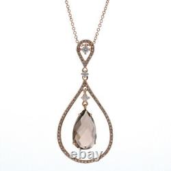 Rose Gold Smoky Quartz & Diamond Halo Drop Pendant Necklace 18 14k Pear 3.93ctw