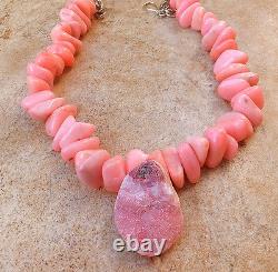 Rose Pink Jade Nugget W Druzy Quartz Crystal Pendant Couture Necklace Jewelry