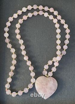 Rose Quartz Beaded Necklace With Large Heart Pendant