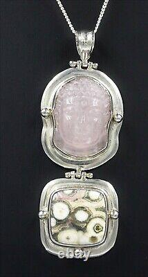 Rose Quartz Buddha Head & Pop Jasper in 925 Sterling Silver Pendant