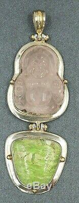 Rose Quartz Buddha & Variscite Womens Large Pendant 925 Sterling Silver Jewelry