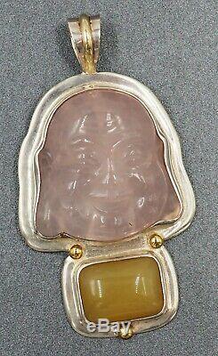 Rose Quartz Buddha & Yellow Aventurine Pendant Womens Mens Sterling Silver