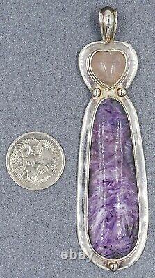 Rose Quartz & Charoite Womens Large Pendant 925 Sterling Silver Fine Jewelry