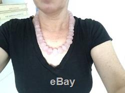Rose Quartz Crystal Mineral Stone Carved Fluted Heavy Large Pink Necklace New