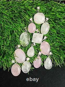 Rose Quartz Gemstone 925 Sterling Silver Plated Wholesale Bezel Pendant Lot