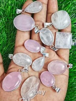 Rose Quartz Gemstone 925 Sterling Silver Plated Wholesale Bezel Pendant Lot