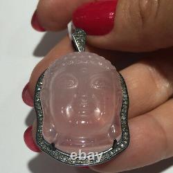 Rose Quartz Gemstone Carved Buddha Head Pendant Natural Diamond Pave 925 Silver