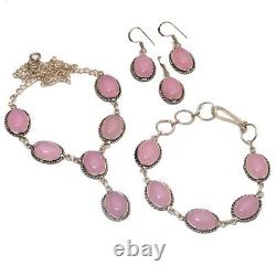 Rose Quartz Gemstone Earring Bracelets & Nacklac Set 925 Sterling Silver Plated