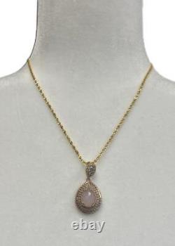 Rose Quartz & Genuine Diamond Pendant 14K Yellow Gold on solid 925 pink necklace