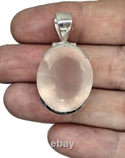 Rose Quartz Pendant, 43 Carats, Sterling Silver, Oval Faceted, Love Stone, Pink