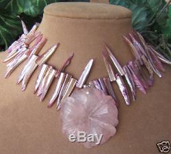 Rose Quartz Pendant All Natural Pink Carved Flower Necklace Purple Shell Jewelry