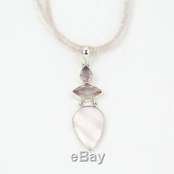 Rose Quartz Pink Aragonite 925 Silver Pendant with Rose Quartz Rondelle Necklace