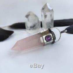 Rose Quartz Point Pendant Flower of life Patterned Sterling Silver with Amethyst