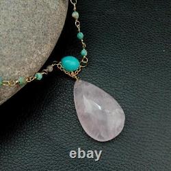 Rose Quartz Teardrop Pendant 7 Strand Sea Sediment Jaspers Pink Crystal Necklace