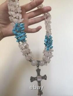 Rose Quartz Turquoise Chunky Big Beaded Necklace Cross Pendant One Of A Kind
