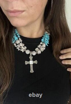 Rose Quartz Turquoise Chunky Big Silver Necklace Cross Pendant One Of A Kind