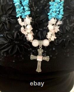 Rose Quartz Turquoise Chunky Big Silver Necklace Cross Pendant One Of A Kind