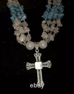 Rose Quartz Turquoise Chunky Big Silver Necklace Cross Pendant One Of A Kind