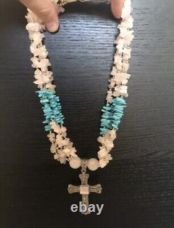 Rose Quartz Turquoise Chunky Big Silver Necklace Cross Pendant One Of A Kind