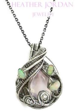 Rose Quartz Wire-Wrapped Necklace in Sterling Silver with Ethiopian Welo Opals