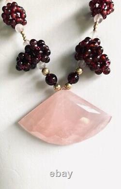 Rose Quartz pendant, Garnet clusters & 14kt gold necklace. Reduced from $425.00