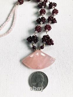 Rose Quartz pendant, Garnet clusters & 14kt gold necklace. Reduced from $425.00