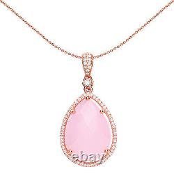 Rose Silver Jewelco London Pink Pear Quartz CZ Teardrop Halo Necklace 18 inch