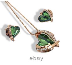 Rose gold finish Emerald heart and created diamond necklace Earrings gift boxed