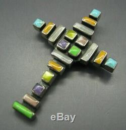 STERLING SILVER Unique CROSS PENDANT Block Style GEMSTONE INLAY Southwest OMG