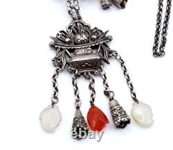 STR2473 Antique Chinese Silver bird amulet Carnelian quartz 26 necklace 120g