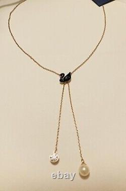 SWAROVSKI Iconic Black Swan Rose Gold Y Necklace Pearl & Crystal Drop. New, Tags