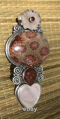 Sajen Goddess Sterling Silver 925 Fossilized Coral, Rose Quartz Pendant Pin