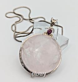 Sajen Sterling 925 Silver Rose Quartz Ruby Statement Big Pendant Snake Chain