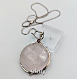 Sajen Sterling 925 Silver Rose Quartz Ruby Statement Big Pendant Snake Chain