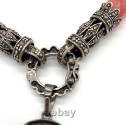 Set Pink/Rose Quartz Sterling Silver Marcasite Necklace Earrings Runway OOAK