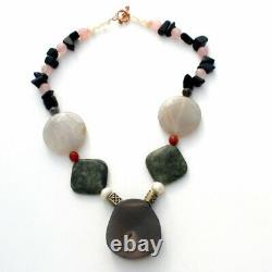 Sliced Agate Rose Quartz Pearls Carnelian Bead Necklace 19 Sterling Silver W