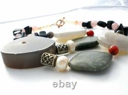 Sliced Agate Rose Quartz Pearls Carnelian Bead Necklace 19 Sterling Silver W