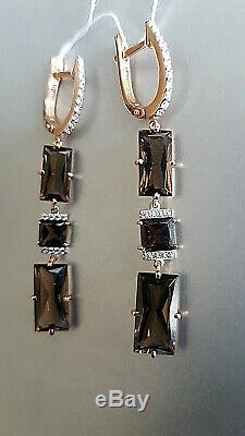 Smoky quartz dangle earrings Russian solid rose gold 585 14k rauchquartz NWT