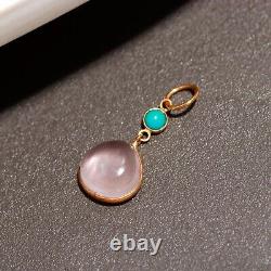 Solid 18k Gold Natural Rose Quartz Turquoise Gemstone Huge Women Charms Pendant