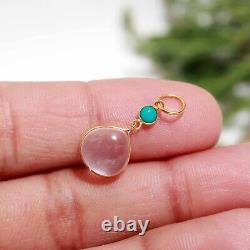 Solid 18k Gold Natural Rose Quartz Turquoise Gemstone Huge Women Charms Pendant