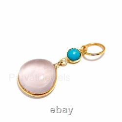 Solid 18k Gold Natural Rose Quartz Turquoise Gemstone Huge Women Charms Pendant