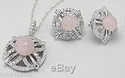 Solid Sterling Silver Pink Rose Quartz Sparkling Pendant and Earring Set 8.4g