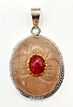 St Silver Pendant Studded with Rose Quartz & Ruby in Mogul Style Setting