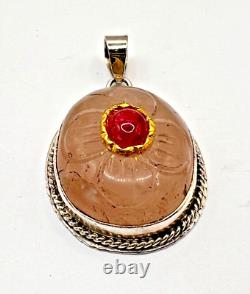 St Silver Pendant Studded with Rose Quartz & Ruby in Mogul Style Setting