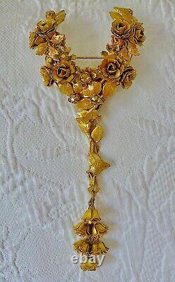 Stanley Hagler Signed Rare large Rose and Crystal Gold Tone Pendant or Pin