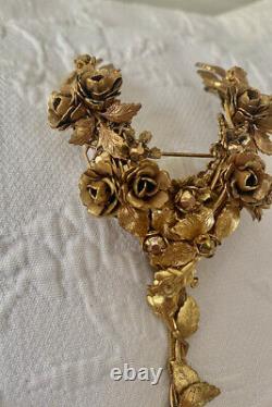 Stanley Hagler Signed Rare large Rose and Crystal Gold Tone Pendant or Pin