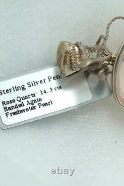 Starborn Creations Silver Rose Quartz, Banded Agate, Freshwater Pearl Pendant