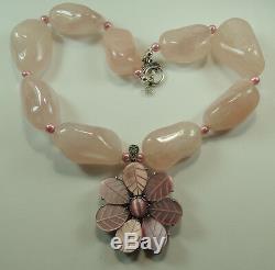 Statement Rose Quartz Nugget Necklace & Pink Flower Pendant Wedding Handcrafted