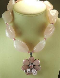 Statement Rose Quartz Nugget Necklace & Pink Flower Pendant Wedding Handcrafted