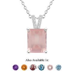 Sterling Silver 10x8mm Emerald Cut Natural Rose Quartz Diamond Accent Pendant